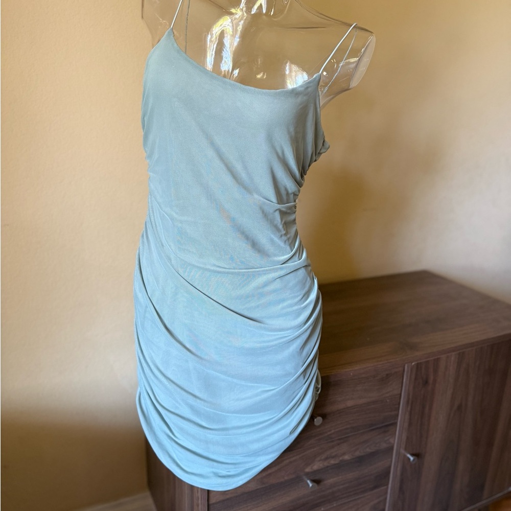 Green Ruched Mini Dress Spaghetti Strap